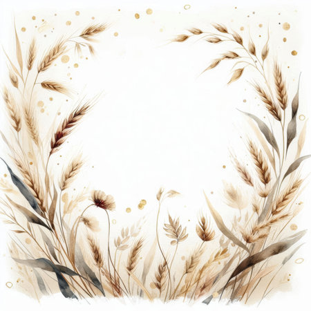 A serene and elegant watercolor design featuring golden wheat and subtle floral accents, perfect for invitations or decor.の素材