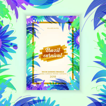 Brazil carnival celebration flyer of tropical leaves with violet colorのイラスト素材