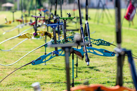 Archery equipment for archery on green grass field in sunny dayの写真素材