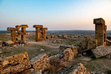 Ruins of Blaundus ancient city in Usak province of Turkey. View at sunrise. The ancient city was in the Roman province of Lydia. Usak, Turkey.の写真素材