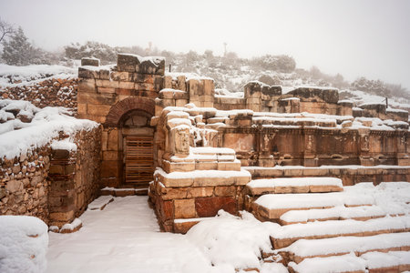 Ancient Roman city of Ephesus, Turkey in winter with snowの写真素材