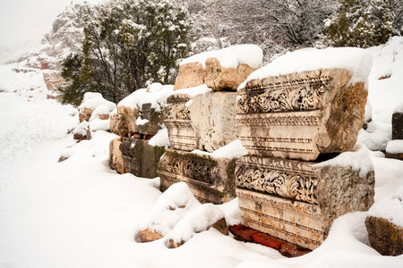 Burdur Sagalassos Archeological Site.To visit the sprawling ruins of Sagalassos, high amid the peaks of Akdag, is to approach myth.Sagalassos Ancient under the snow on a winter dayの写真素材