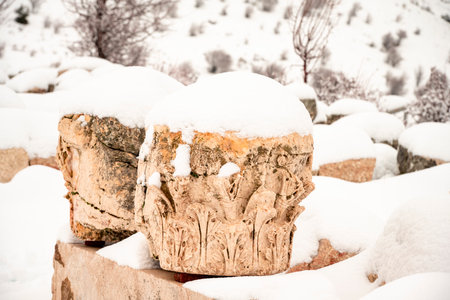 Burdur Sagalassos Archeological Site.To visit the sprawling ruins of Sagalassos, high amid the peaks of Akdag, is to approach myth.Sagalassos Ancient under the snow on a winter dayの写真素材