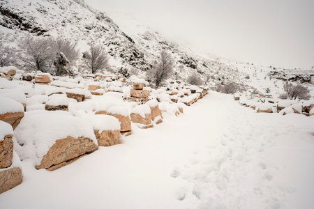 Burdur Sagalassos Archeological Site.To visit the sprawling ruins of Sagalassos, high amid the peaks of Akdag, is to approach myth.Sagalassos Ancient under the snow on a winter dayの写真素材