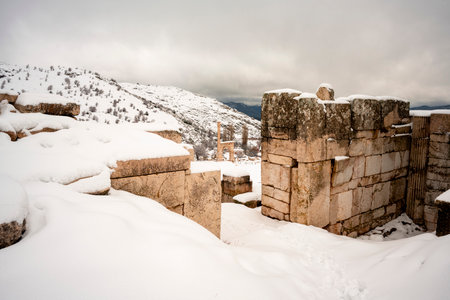 Burdur Sagalassos Archeological Site.To visit the sprawling ruins of Sagalassos, high amid the peaks of Akdag, is to approach myth.Sagalassos Ancient under the snow on a winter dayの写真素材