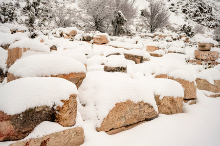 Burdur Sagalassos Archeological Site.To visit the sprawling ruins of Sagalassos, high amid the peaks of Akdag, is to approach myth.Sagalassos Ancient under the snow on a winter dayの写真素材