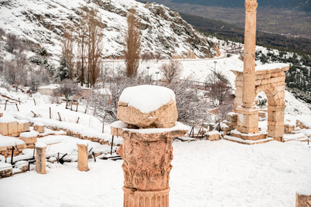 Burdur Sagalassos Archeological Site.To visit the sprawling ruins of Sagalassos, high amid the peaks of Akdag, is to approach myth.Sagalassos Ancient under the snow on a winter dayの写真素材