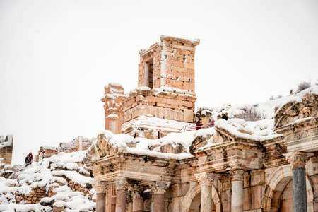 Burdur Sagalassos Archeological Site.To visit the sprawling ruins of Sagalassos, high amid the peaks of Akdag, is to approach myth.Sagalassos Ancient under the snow on a winter dayの写真素材