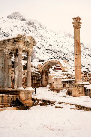 Burdur Sagalassos Archeological Site.To visit the sprawling ruins of Sagalassos, high amid the peaks of Akdag, is to approach myth.Sagalassos Ancient under the snow on a winter dayの写真素材