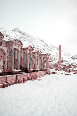 Burdur Sagalassos Archeological Site.To visit the sprawling ruins of Sagalassos, high amid the peaks of Akdag, is to approach myth.Sagalassos Ancient under the snow on a winter dayの写真素材