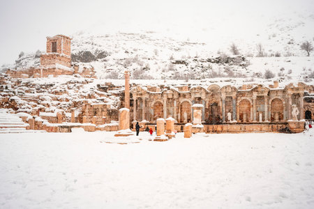 Burdur Sagalassos Archeological Site.To visit the sprawling ruins of Sagalassos, high amid the peaks of Akdag, is to approach myth.Sagalassos Ancient under the snow on a winter dayの写真素材