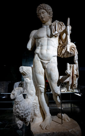 Statues, sarcophagi and other artifacts from the ancient city of Perge are exhibited in the Antalya Museum. Rows of columns in Perge, Antalya, Turkey. Remains of colonnaded streetの写真素材