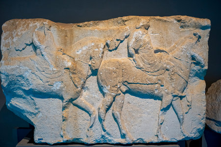 Statues, sarcophagi and other artifacts from the ancient city of Perge are exhibited in the Antalya Museum. Rows of columns in Perge, Antalya, Turkey. Remains of colonnaded streetの写真素材