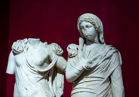 Statues, sarcophagi and other artifacts from the ancient city of Perge are exhibited in the Antalya Museum. Rows of columns in Perge, Antalya, Turkey. Remains of colonnaded streetの写真素材