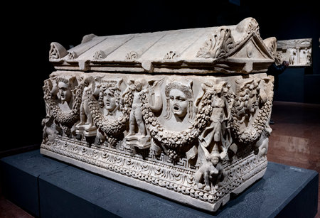 Statues, sarcophagi and other artifacts from the ancient city of Perge are exhibited in the Antalya Museum. Rows of columns in Perge, Antalya, Turkey. Remains of colonnaded streetの写真素材