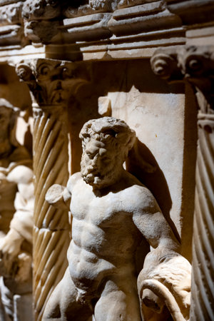 Statues, sarcophagi and other artifacts from the ancient city of Perge are exhibited in the Antalya Museum. Rows of columns in Perge, Antalya, Turkey. Remains of colonnaded streetの写真素材