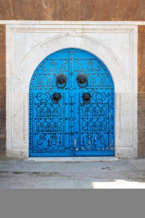 White-blue city of Sidi Bou Said, Tunisia. Eastern fairy tale with a French charm. View of an old historic building, Sidi Bou Said Carthage, Tunisia.の写真素材