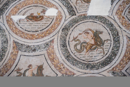 Bardo National Museum exhibiting remains of Roman mosaic. Interior of the Bardo Museum in Tunis. Bardo museum, containing world-famous collection of Roman mosaics and a lot of Romeの写真素材