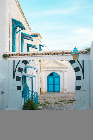 White-blue city of Sidi Bou Said, Tunisia. Eastern fairy tale with a French charm. View of an old...