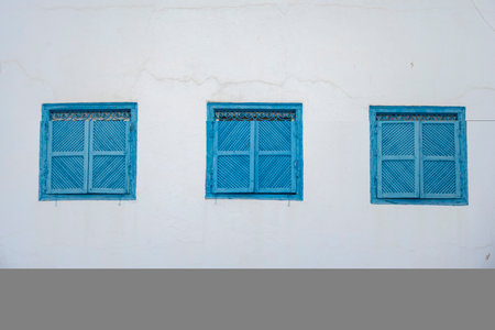 White-blue city of Sidi Bou Said, Tunisia. Eastern fairy tale with a French charm. View of an old historic building, Sidi Bou Said Carthage, Tunisia.の写真素材