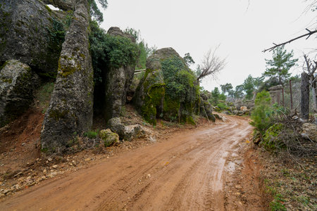 Majestic view of valley with beautiful rock formations on an autumn day. Adamkayalar, Selge, Manavgat, Antalya, Turkey.の写真素材