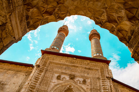 Cifte Minareli Madrasa (Double Minaret Theological Schools). The structure is located at the city center. The structure has the biggest portal among the other theological schools inの写真素材