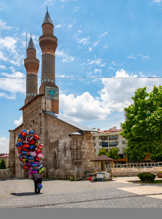 Cifte Minareli Madrasa (Double Minaret Theological Schools). The structure is located at the city center. The structure has the biggest portal among the other theological schools inの写真素材