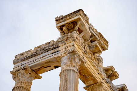 The Ancient City of Side. Port. peninsula Turkey. Manavgat. Antalya. The largest amphitheater in Turkey. The main street of the ancient city. Mediterranean Sea.の写真素材