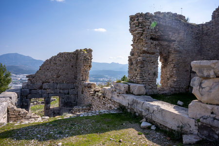 The remains of an Opramoas monument, aqueduct, a small theater, a temple of Asclepius, sarcophagi, and churches from Rhodiapolis, which was a city in ancient Lycia. Today it is locの写真素材