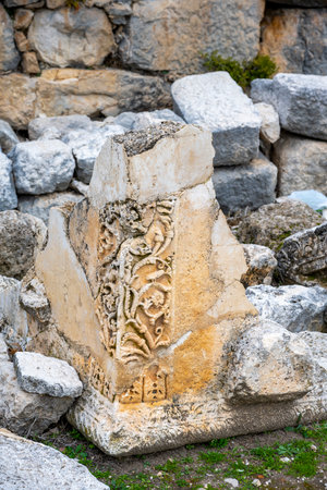Remains of gymnasium in acnient Lycian city Arycanda. Ancient city on mountain near Aykiricay village.Well preserved semi-circular theater of Arycanda, ancient Lycian city in Antalの写真素材