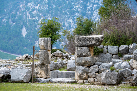 Remains of gymnasium in acnient Lycian city Arycanda. Ancient city on mountain near Aykiricay...