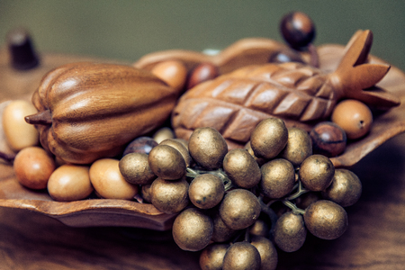 Wood Carved Fruit Bowlの写真素材