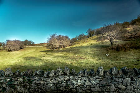 Cheddar Gorge, Mendip Hills, Somerset South side cliffs from the top with clouds and treesの写真素材