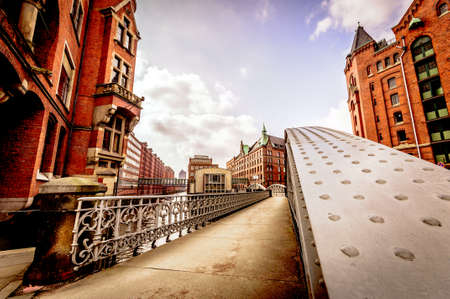 Arch Bridge in the Speicherstadt of Hamburgの写真素材
