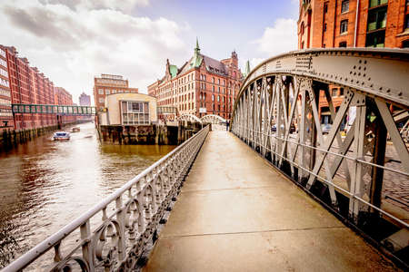 Arch Bridge in the Speicherstadt of Hamburgの写真素材