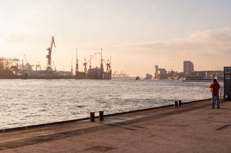 Hamburg and river joint in the background photography of Hamburg district at Hamburg harbor in daylightの写真素材