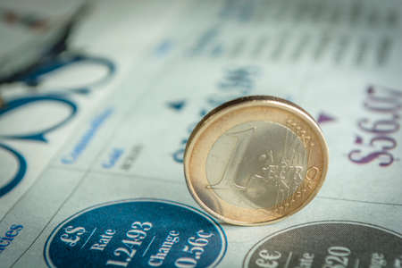 Euro coin money (EUR), currency of European Union, Germany isolated over white business newspaper backgroundの写真素材