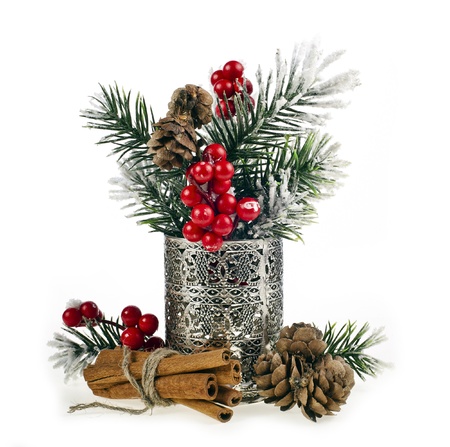 Christmas fir twigs with red berries and cinnamon の写真素材