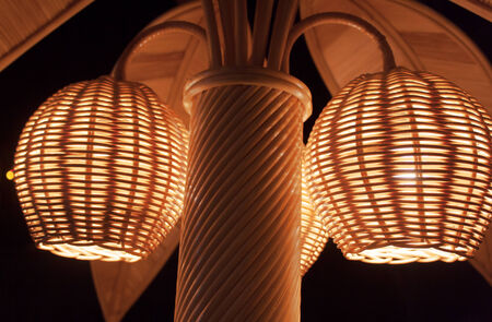 rattan wood lamp light at nightの写真素材
