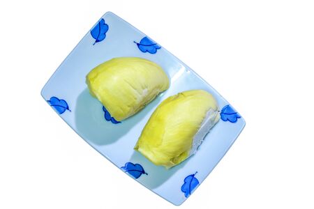 delicious fruit, durian on plate on white backgroundの写真素材