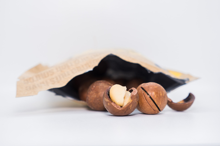 macadamia nuts fruits with shell on white backgroundの写真素材