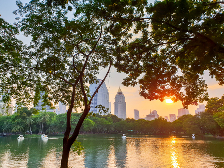 Cityscape view of public Park in evening with beautiful twilight lightのeditorial素材