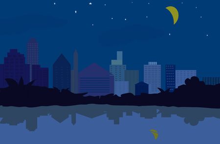 Silhouettes of modern city night skyscrapers with reflection in water river with classic blue background.のイラスト素材