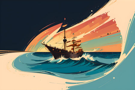 Pirate ship on the sea at sunset. Illustration generative ai.の素材