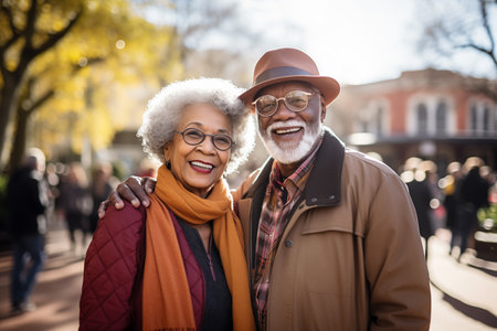 Portrait of smiling senior couple standing together in city street, looking at cameraの素材