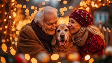 Warm and tender moment as a senior couple and their golden retriever enjoy the festive lights, expressing family love.の素材