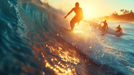 Close-up of a surfer carving a wave with spray around, illuminated by the warm golden light of the setting sun.の素材