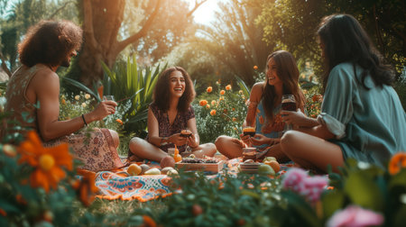 A group of cheerful friends enjoying drinks and fruit at a casual garden picnic surrounded by lush greenery and flowers.の素材