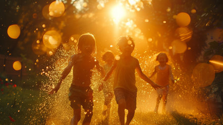 Children Playing in Sunset Sprinkler Lightの素材
