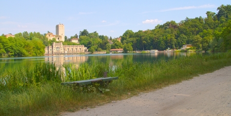 View along the shore of a river Adda - Italyの写真素材